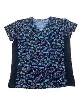 Divine Stretch Black Text Emoji Novelty Medical Scrub Top Large V-Neck